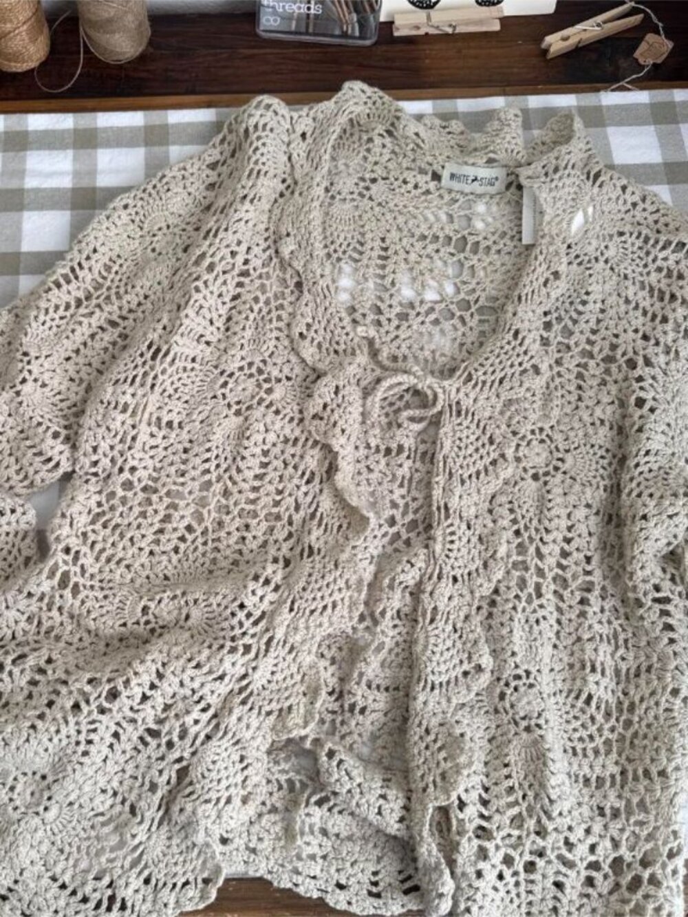 Vintage Crochet Knit Tie Front Ruffle Cardigan Top Boho Beach Cottagecore Large - Picture 4 of 4